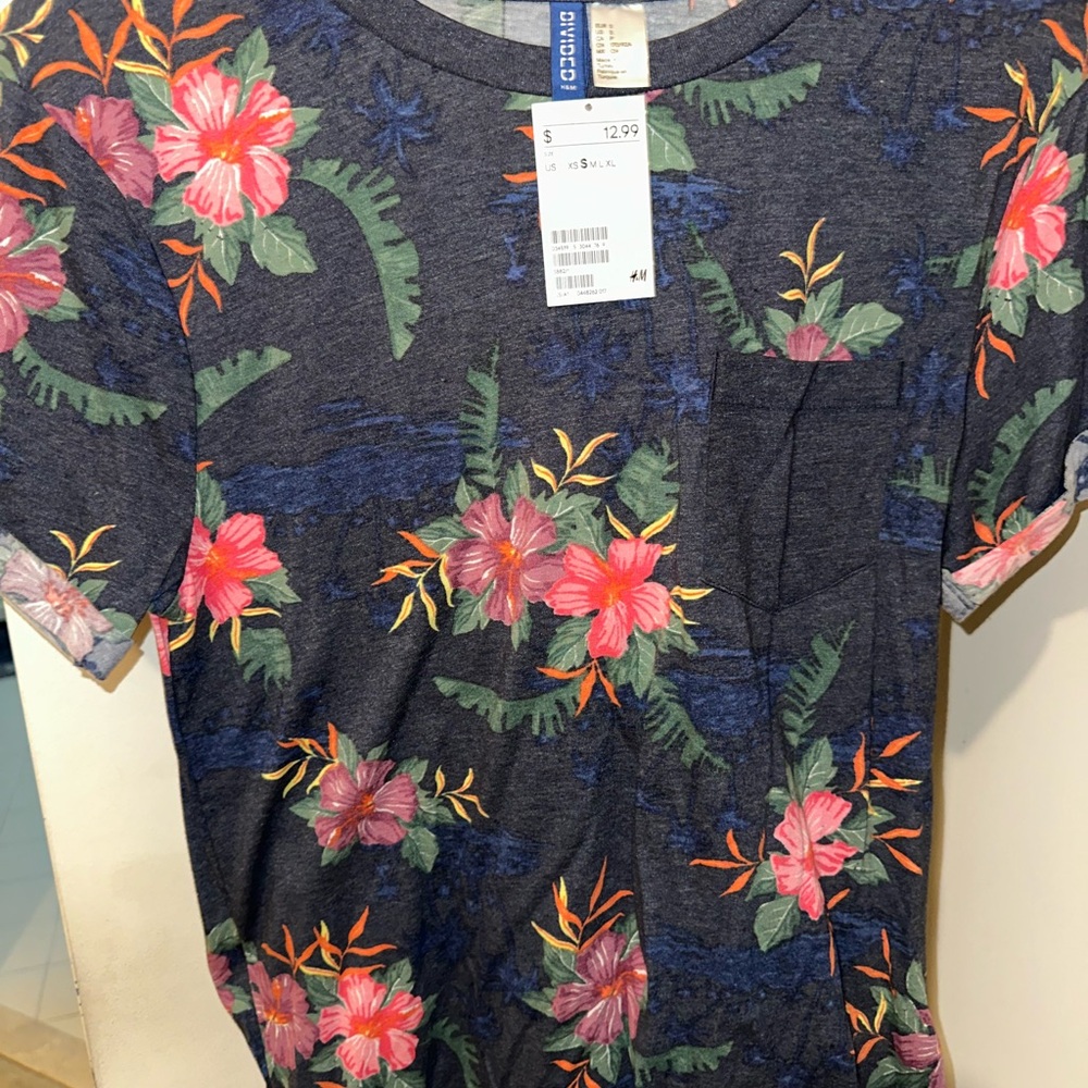 Divided Floral Short Sleeve Tee - Navy with Pink and Green